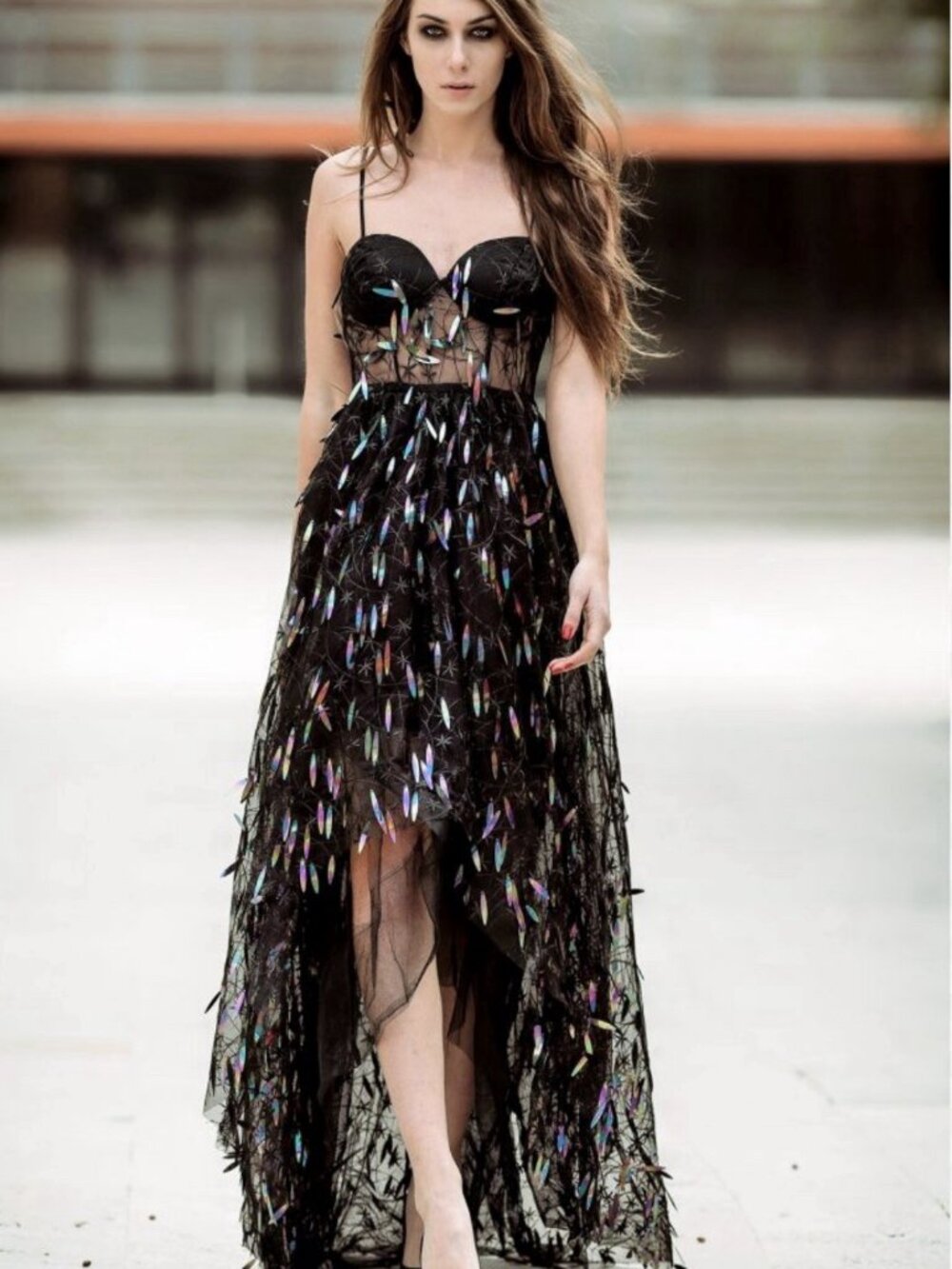 L'atiste by Amy Black Holographic Iridescent Sequins High Low Formal Dress Sz S